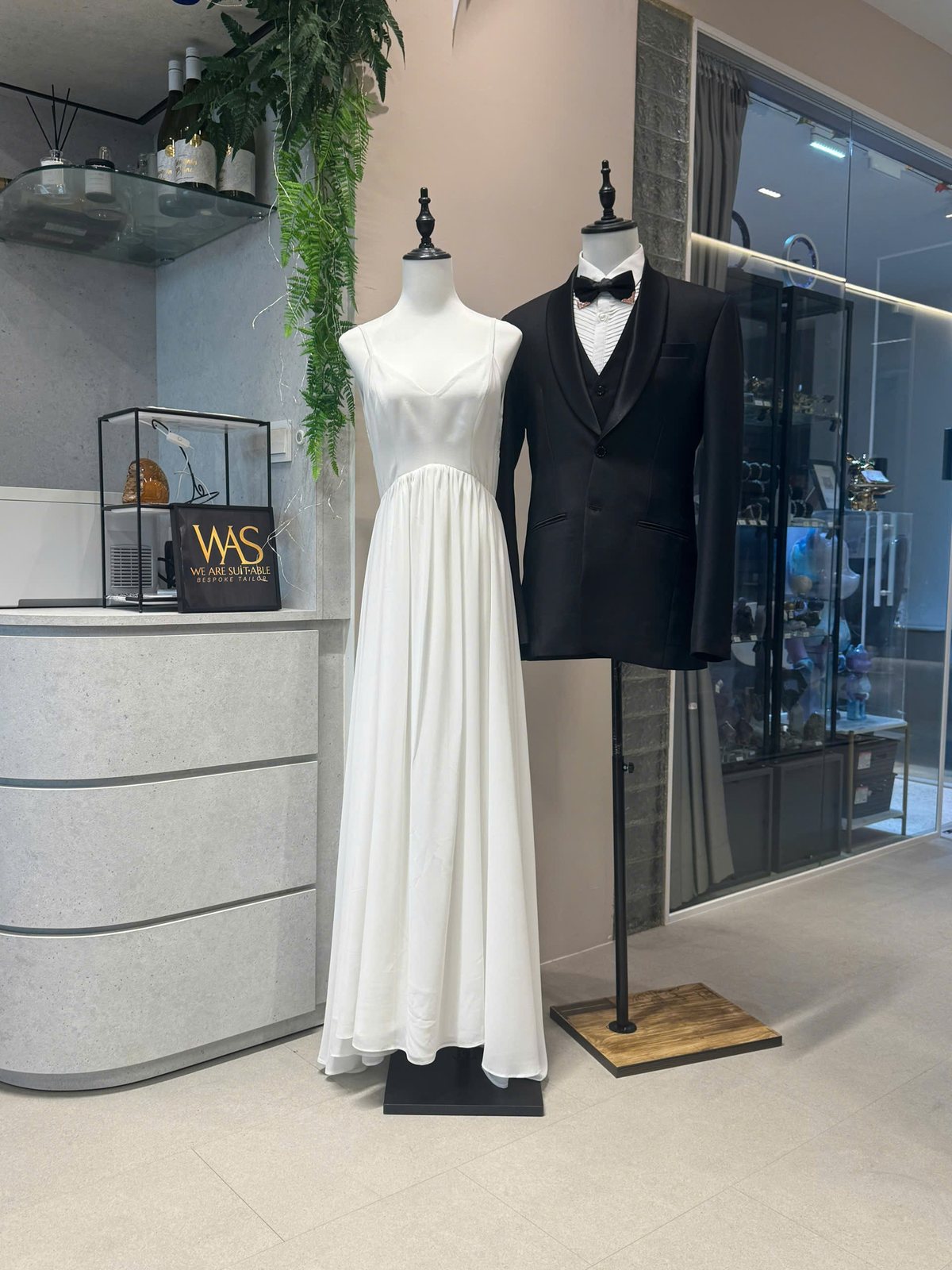 Wedding outfit display at We Are Suitable Singapore