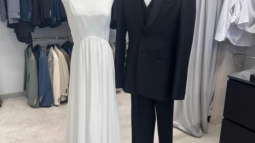 Wedding suit and gown display at We Are Suitable Singapore showroom