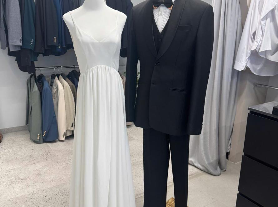 Wedding suit and gown display at We Are Suitable Singapore showroom