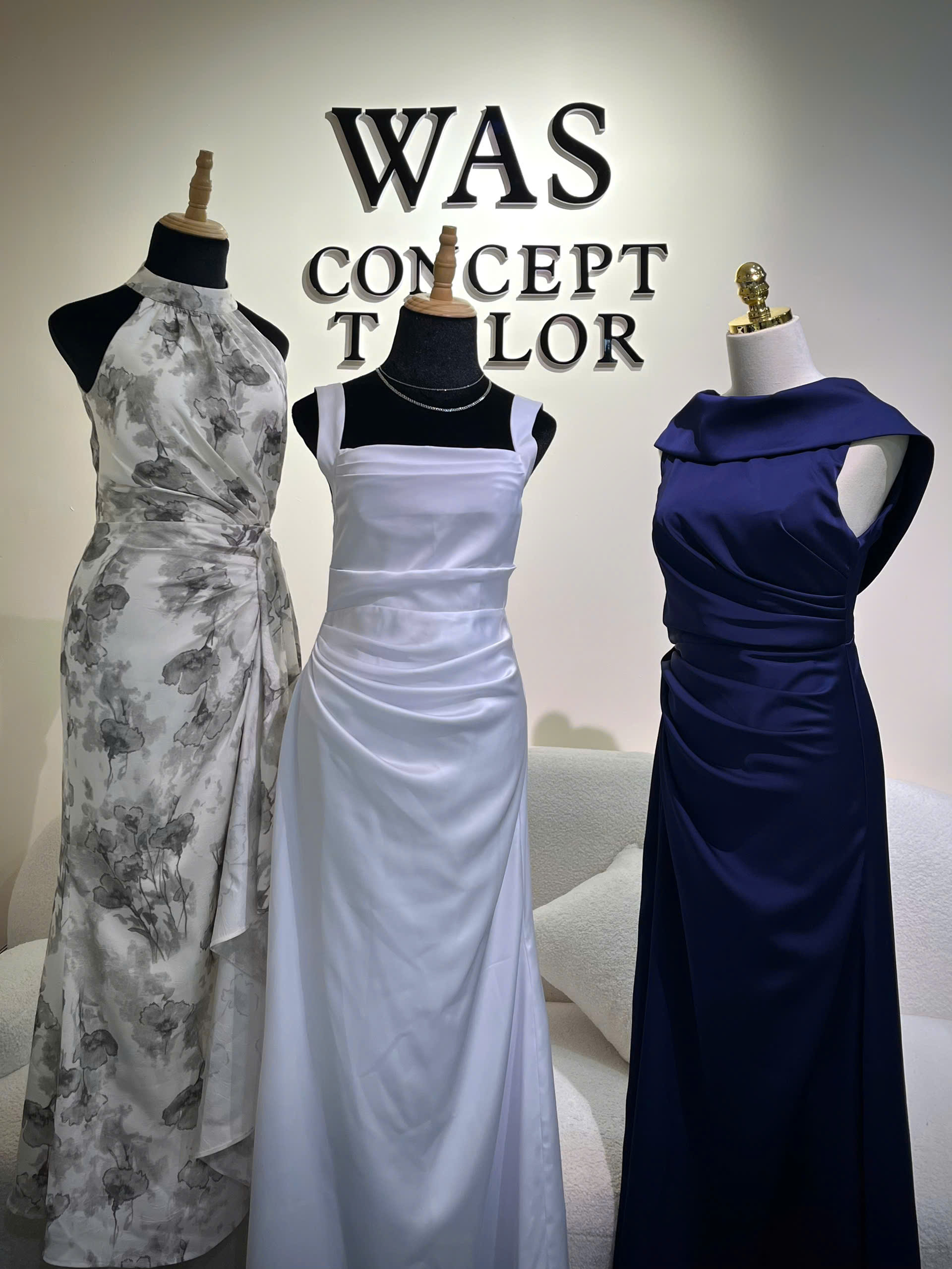 Bespoke mother-of-the-bride gowns in grey floral, white satin and navy, custom-tailored by We Are Suitable Singapore