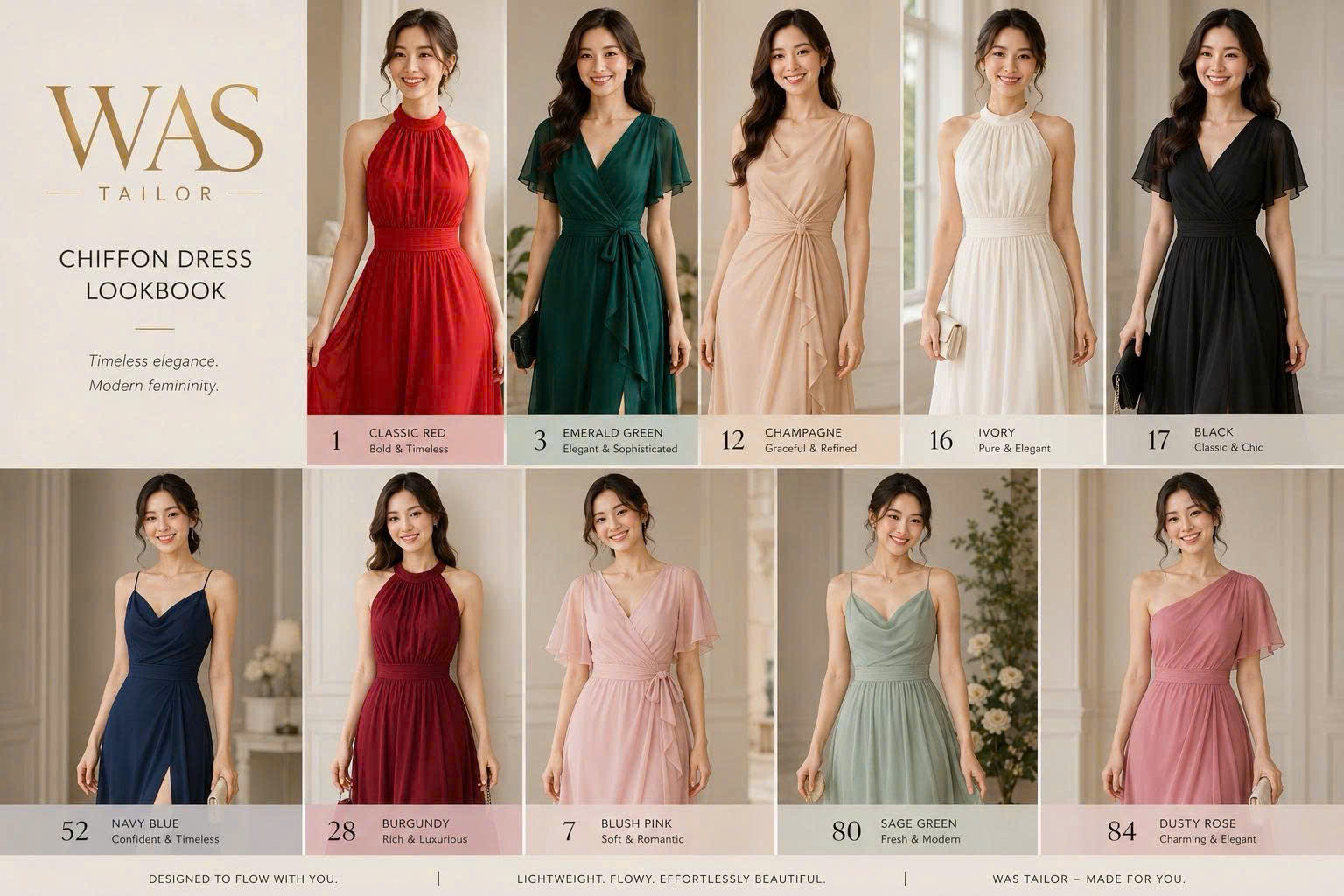 Custom gown colour range in chiffon - red, emerald, champagne, ivory, navy, burgundy, blush, sage and dusty rose by We Are Suitable Singapore