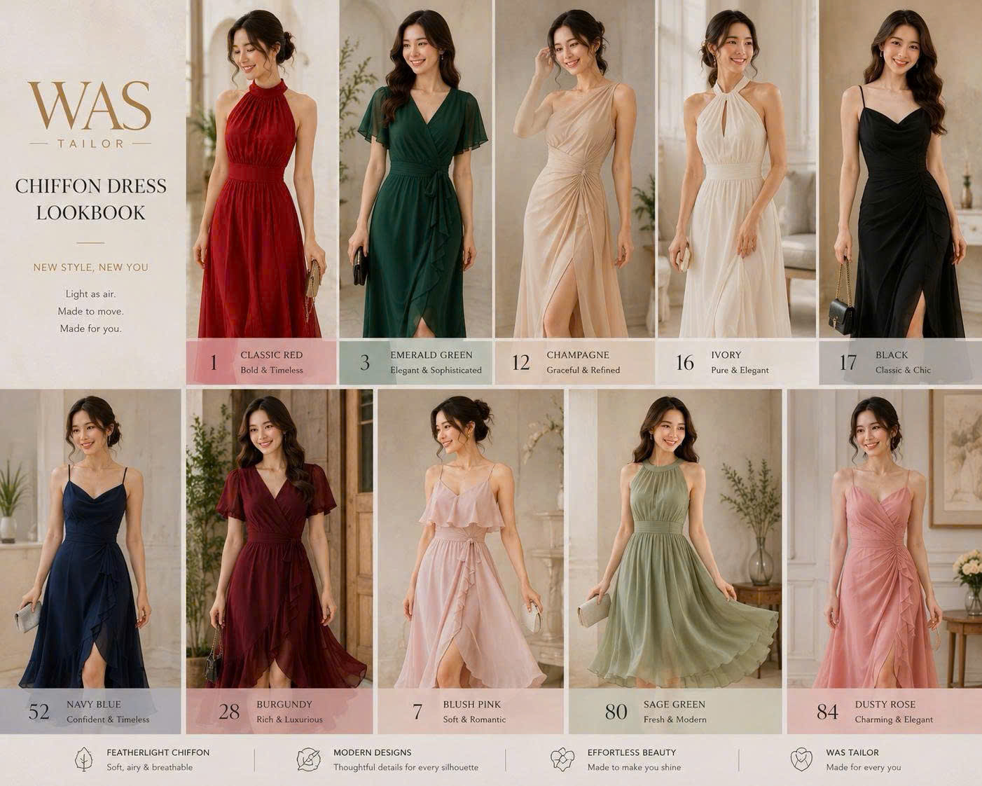 Chiffon bridesmaid dress lookbook - custom gowns in a range of colours by We Are Suitable Singapore