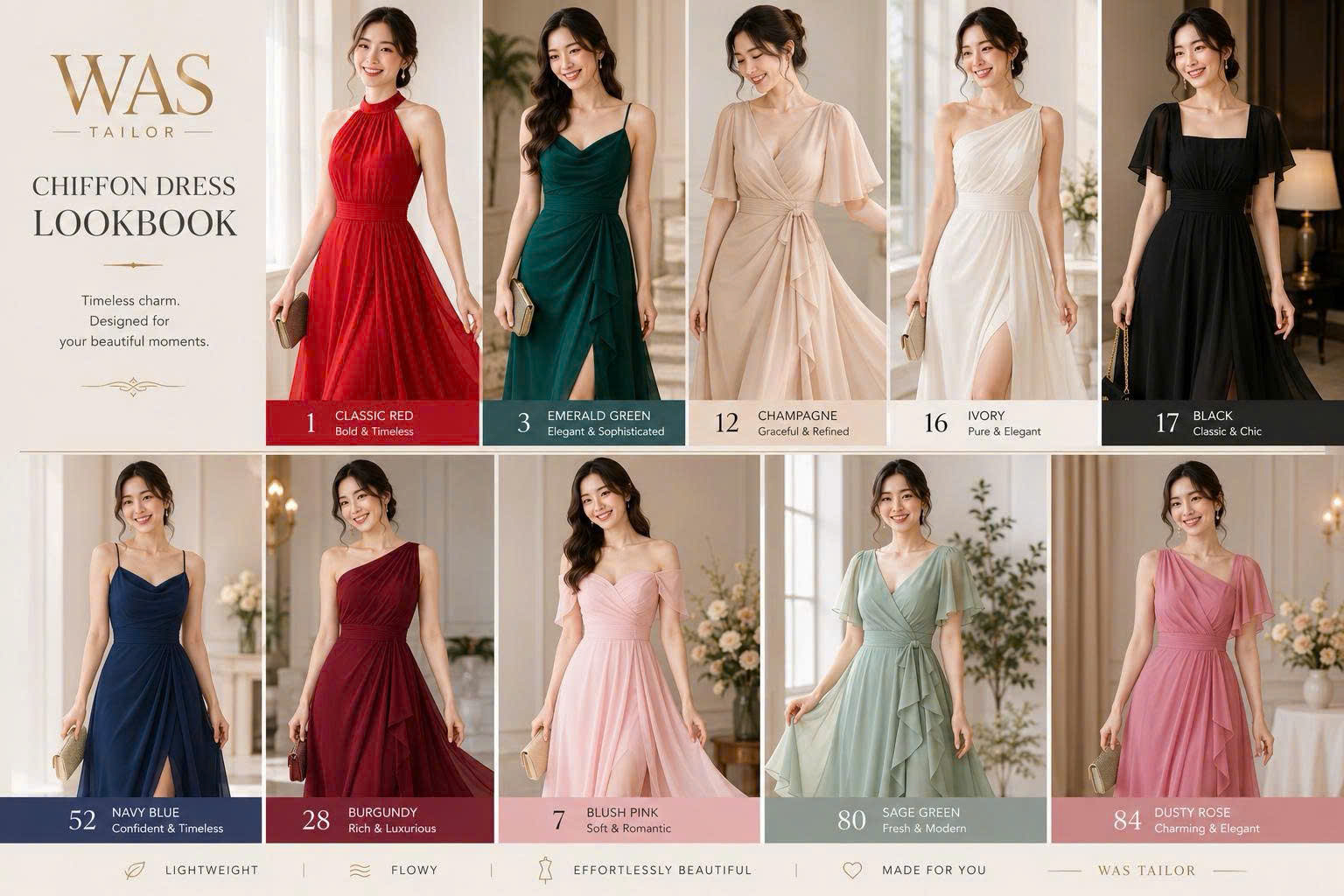 Chiffon bridesmaid dress styles and colours, custom-made to measure by We Are Suitable Singapore