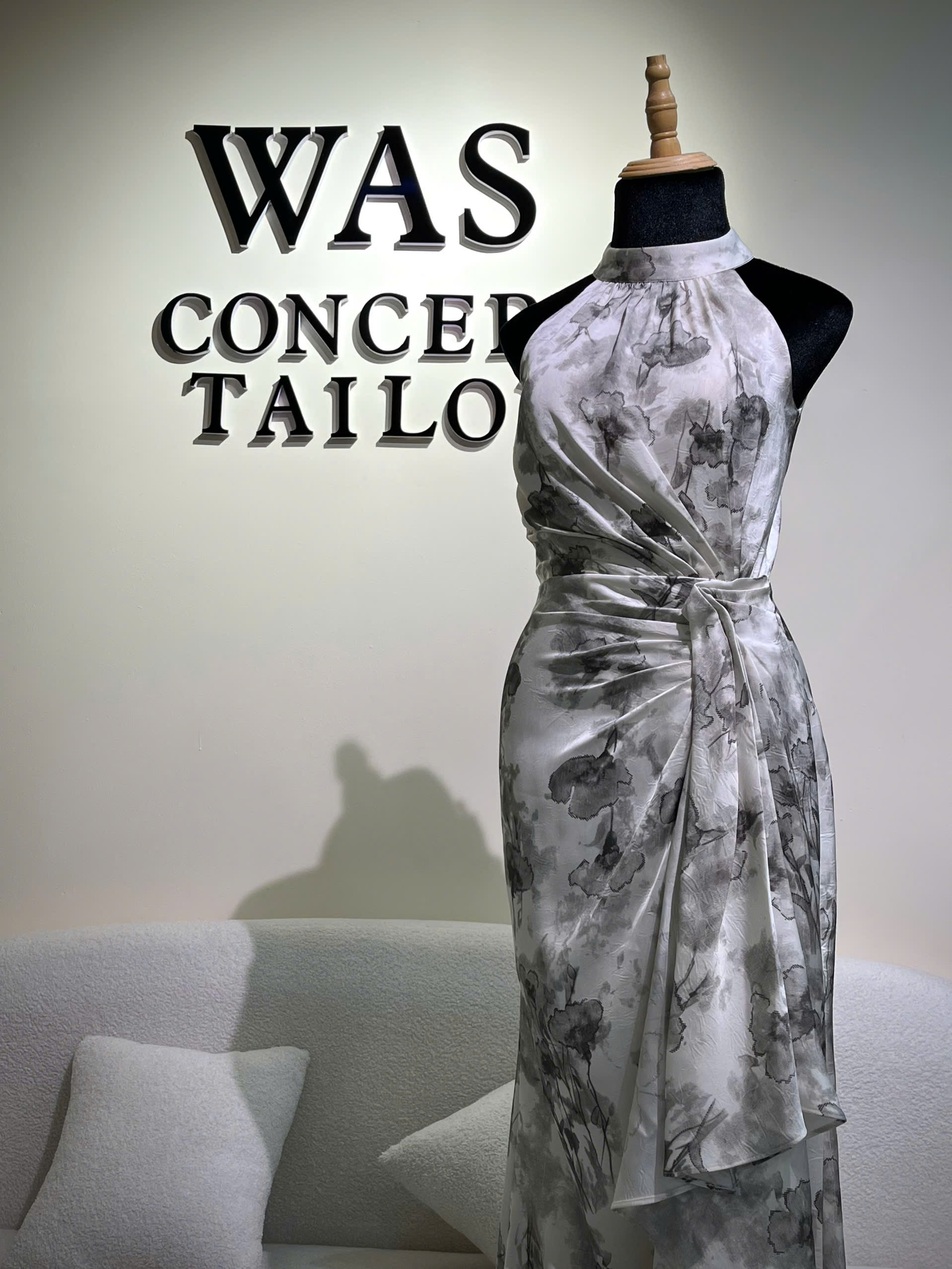 Grey floral gown with draped wrap skirt, custom-tailored in Singapore