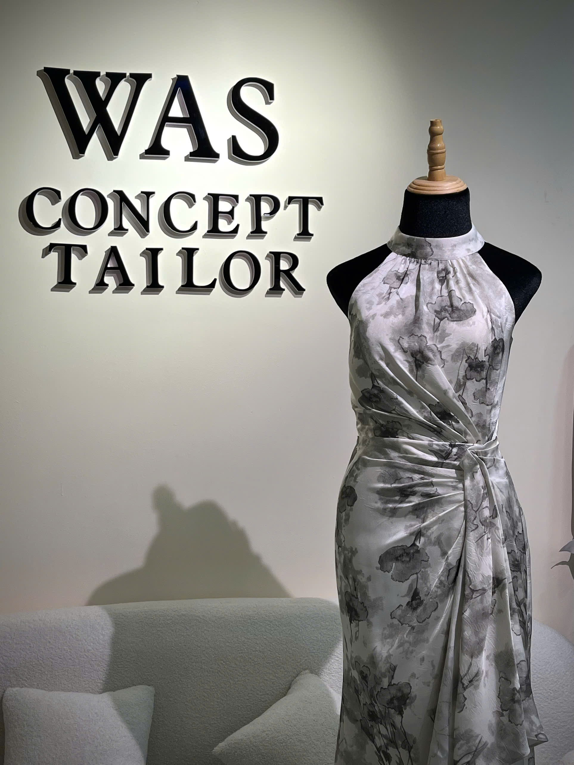 Grey ink-floral halter-neck bridesmaid dress custom-made in Singapore