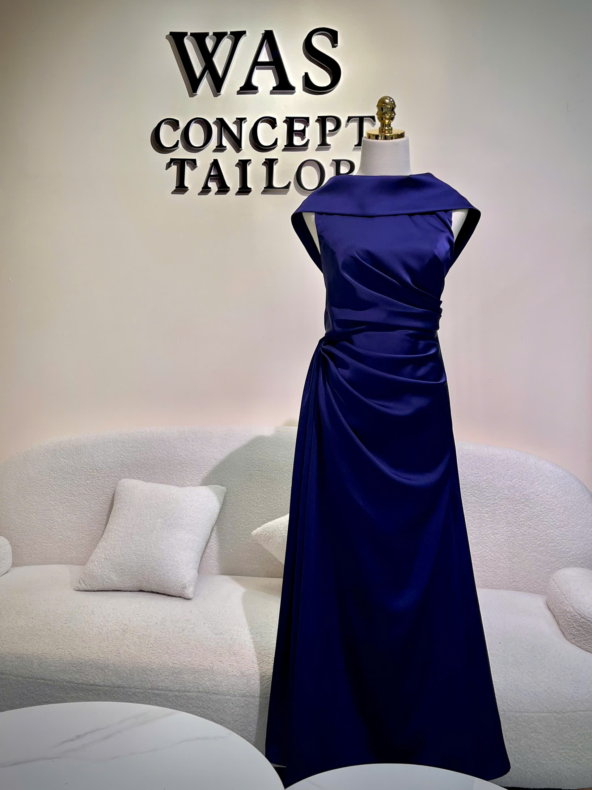 Navy cowl-neck evening dress custom-made to measure in Singapore
