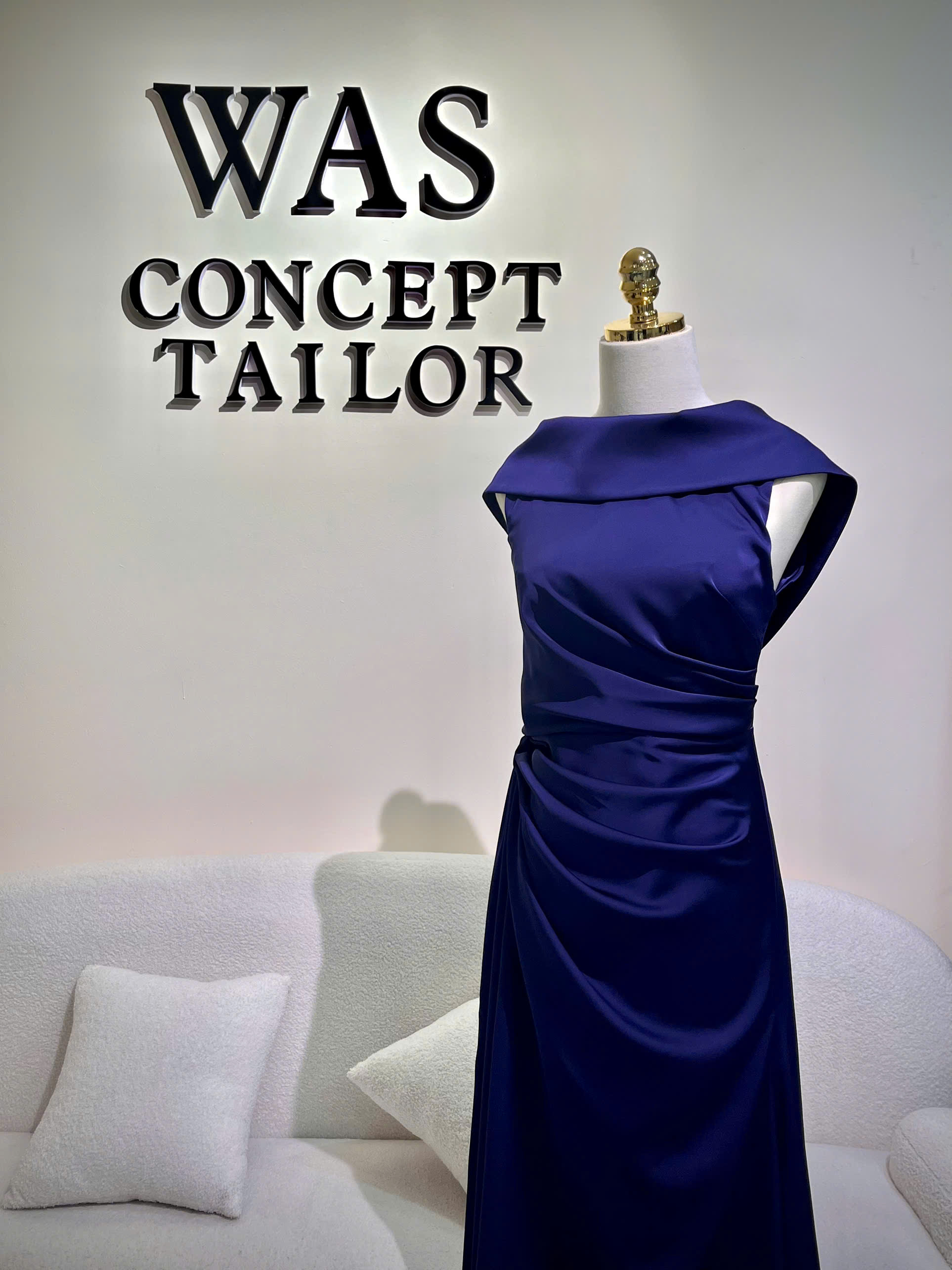 Custom navy satin cowl-neck mother-of-the-bride gown, made to measure by We Are Suitable Singapore