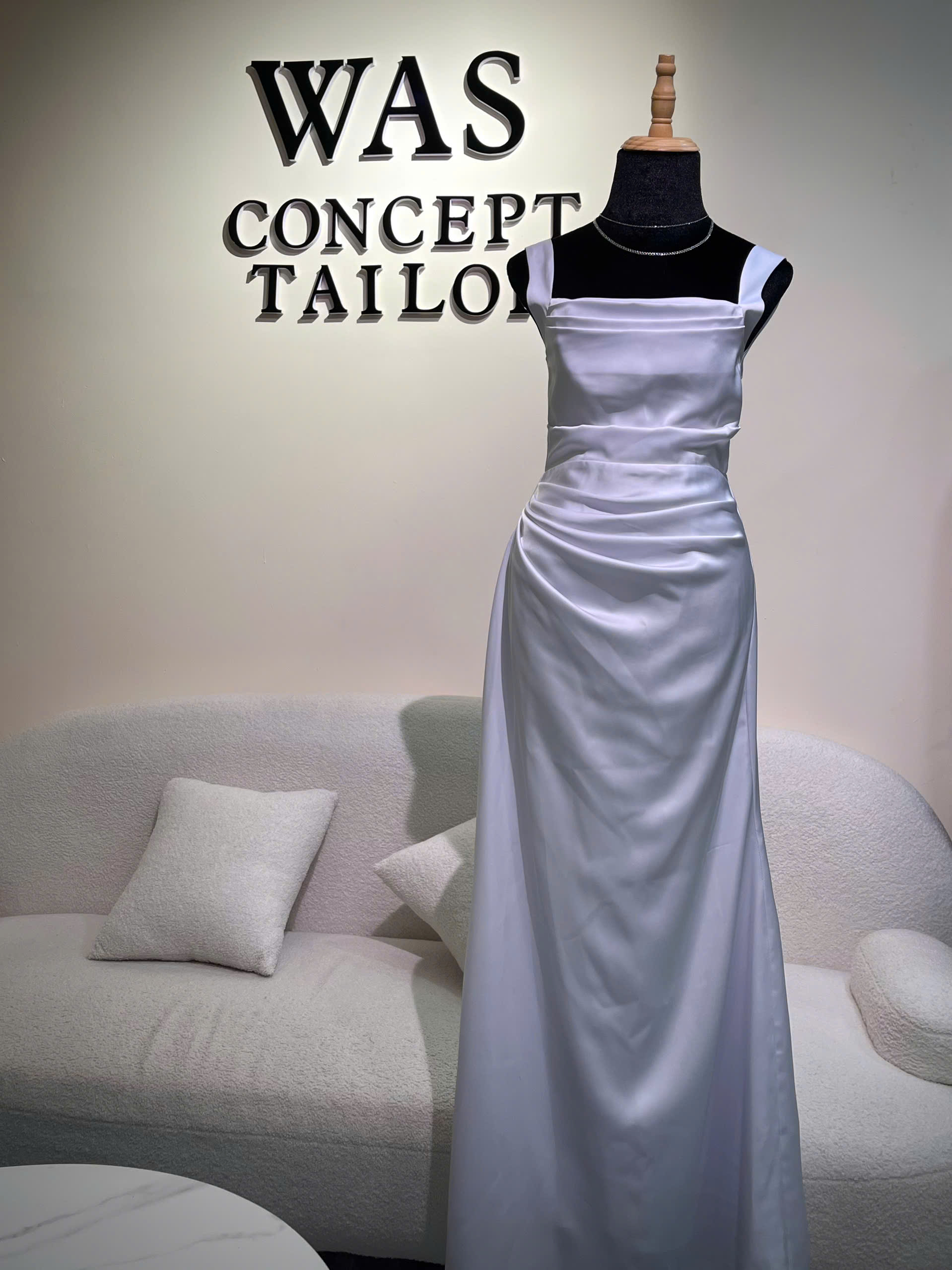 Made-to-measure white satin mother-of-the-bride gown tailored in Singapore